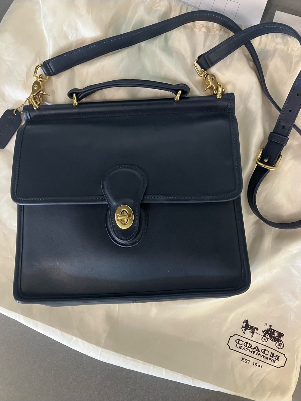 Coach Navy Leather Top-Handle Satchel with Gold Hardware